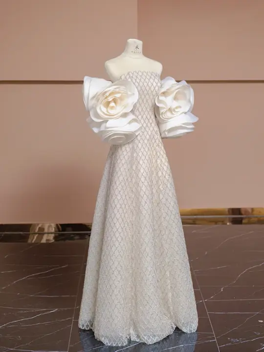 Light champagne-colored strapless fitted long ball gown, bridal dress R8353