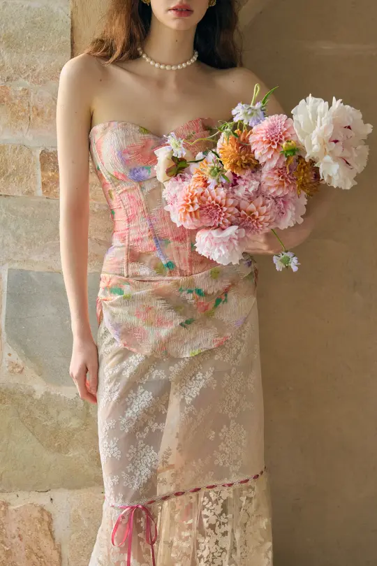 French sweet romantic oil painting lace fishbone tube top dress suit summer homecoming dress R5119