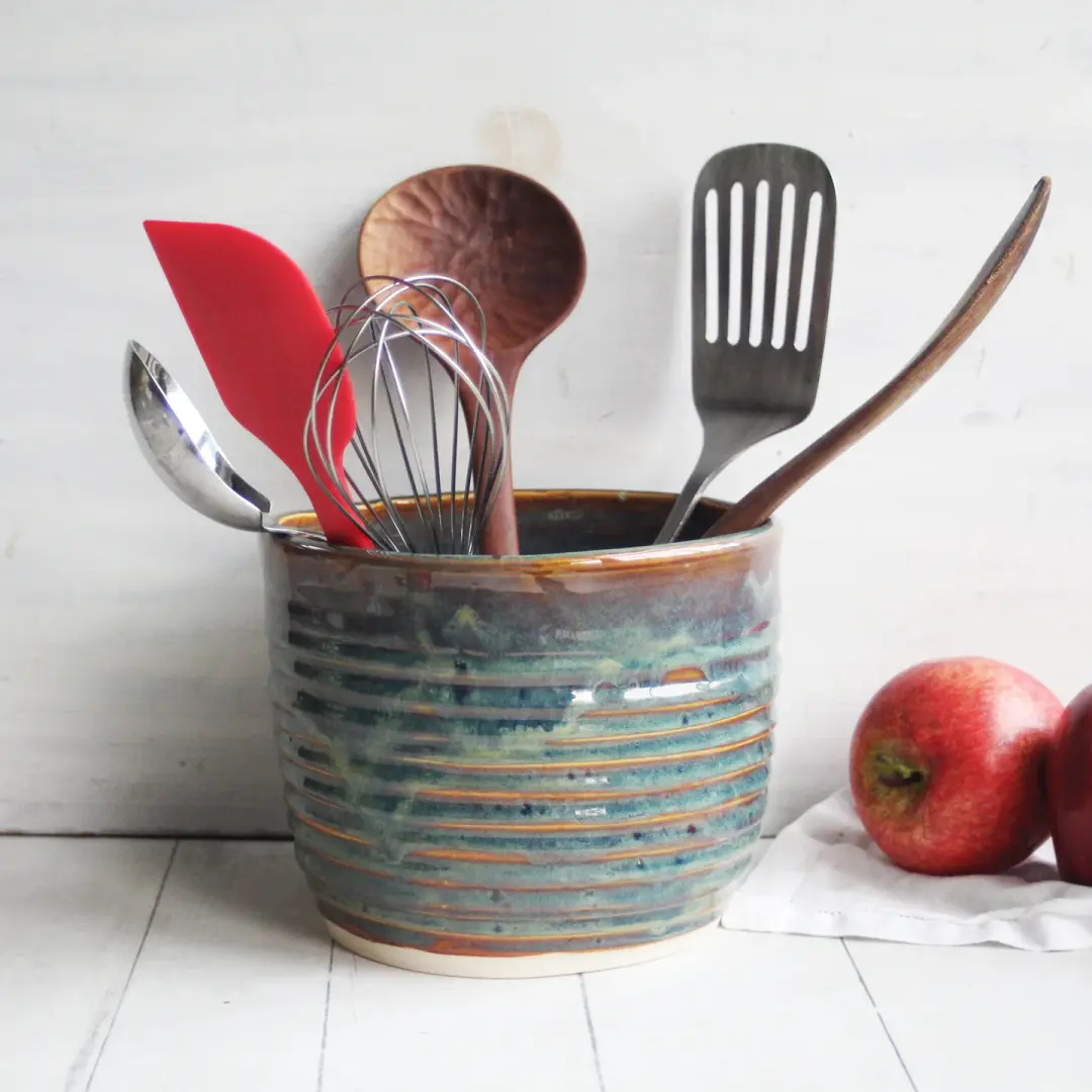 Utensil Holder in Deep Amber Brown  and Blue Green Glaze, Handmade Kitchen Crock, Made in USA