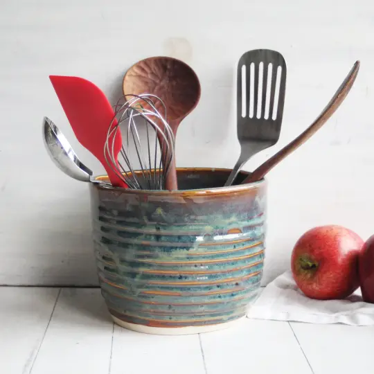 Utensil Holder in Deep Amber Brown  and Blue Green Glaze, Handmade Kitchen Crock, Made in USA
