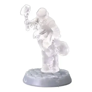 Unpainted 28mm 3D-printed ghost grave robber miniature with a hammer and a sack, grabbed by a skeletal hand rising from a headstone in clear resin, tabletop RPG miniature for D&D, Pathfinder & wargaming