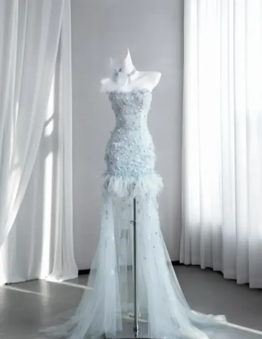 Refined Feather Decor Women's Prom Gown Pale Blue Corset Hi-Lo Evening Dress — Fall Outfit 2026 New RS3133