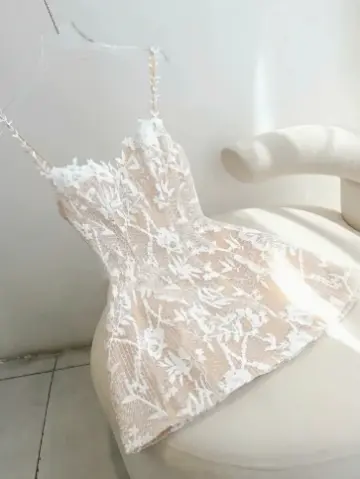 Minimalist White A-Line Spaghetti Straps Lace Embroidery Corset Mini Birthday Dress Homecoming Dress RS289