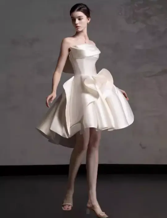 French white tube top satin banquet birthday party host short A skirt prom dress homecoming dress R2970