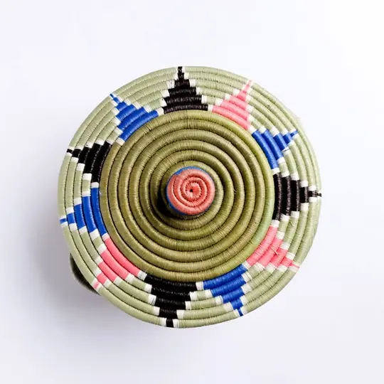Lidded Handle Basket in Green, Pink, Blue and Brown