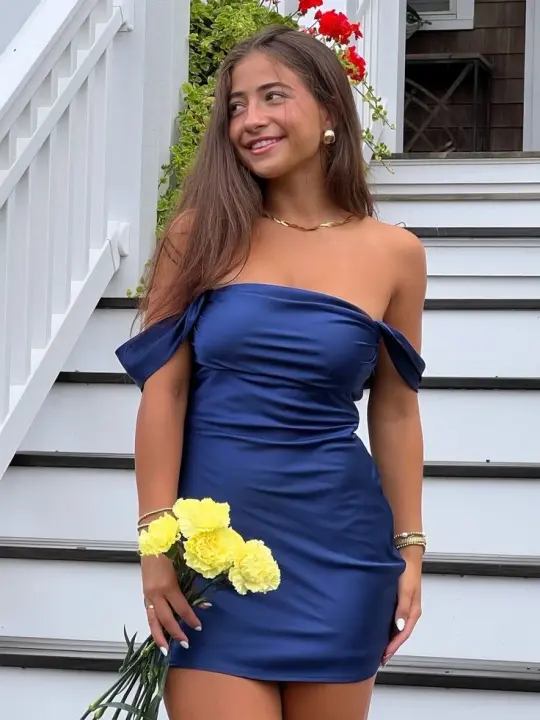 Blue suspender satin waist slim hip skirt homecoming dress R5575