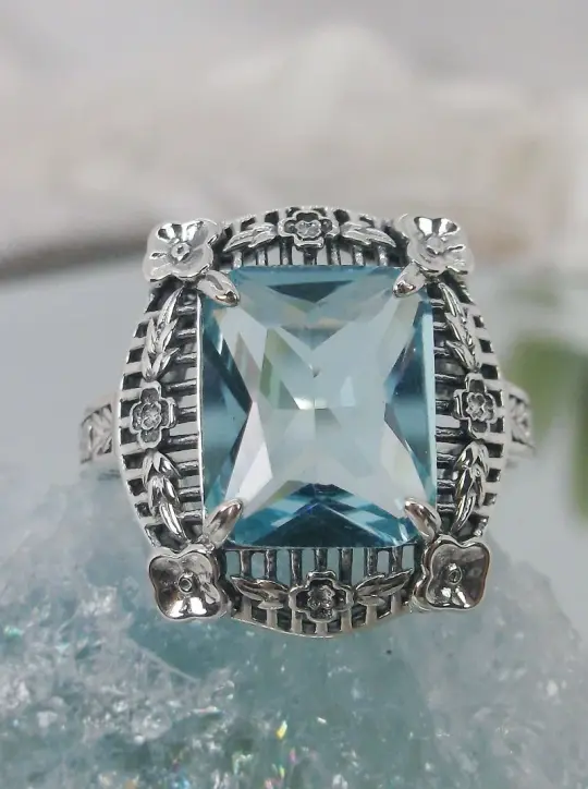 Aquamarine Ring, Size 7, Picture Frame style, Victorian Floral Filigree Jewelry #D227 - Ready to Ship