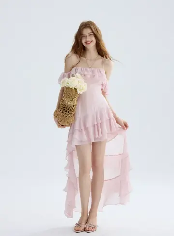 Pink Chiffon Off-Shoulder Maxi Dress Women With Ruffled Tiered Skirt R9462