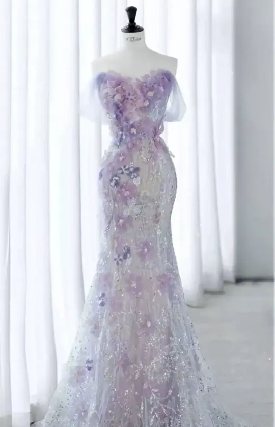 Dreamy Lavender Prom Dress ,Mermaid Off-the-shoulder Applique Glitter Corset Maxi Evening Dress RS989