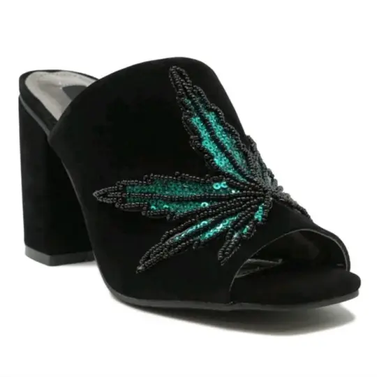 Iron Fist Black Velvet Mary Jane Block Heel Mules with Open Toe