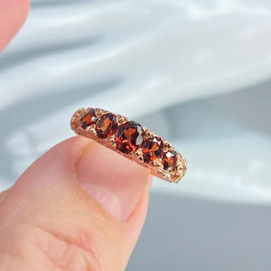 Natural Garnet Ring, Size 7.5, Rose Gold plated Sterling Silver Ring, 5-Stone Georgian Victorian Jewelry Design#D19 - Ready to Ship
