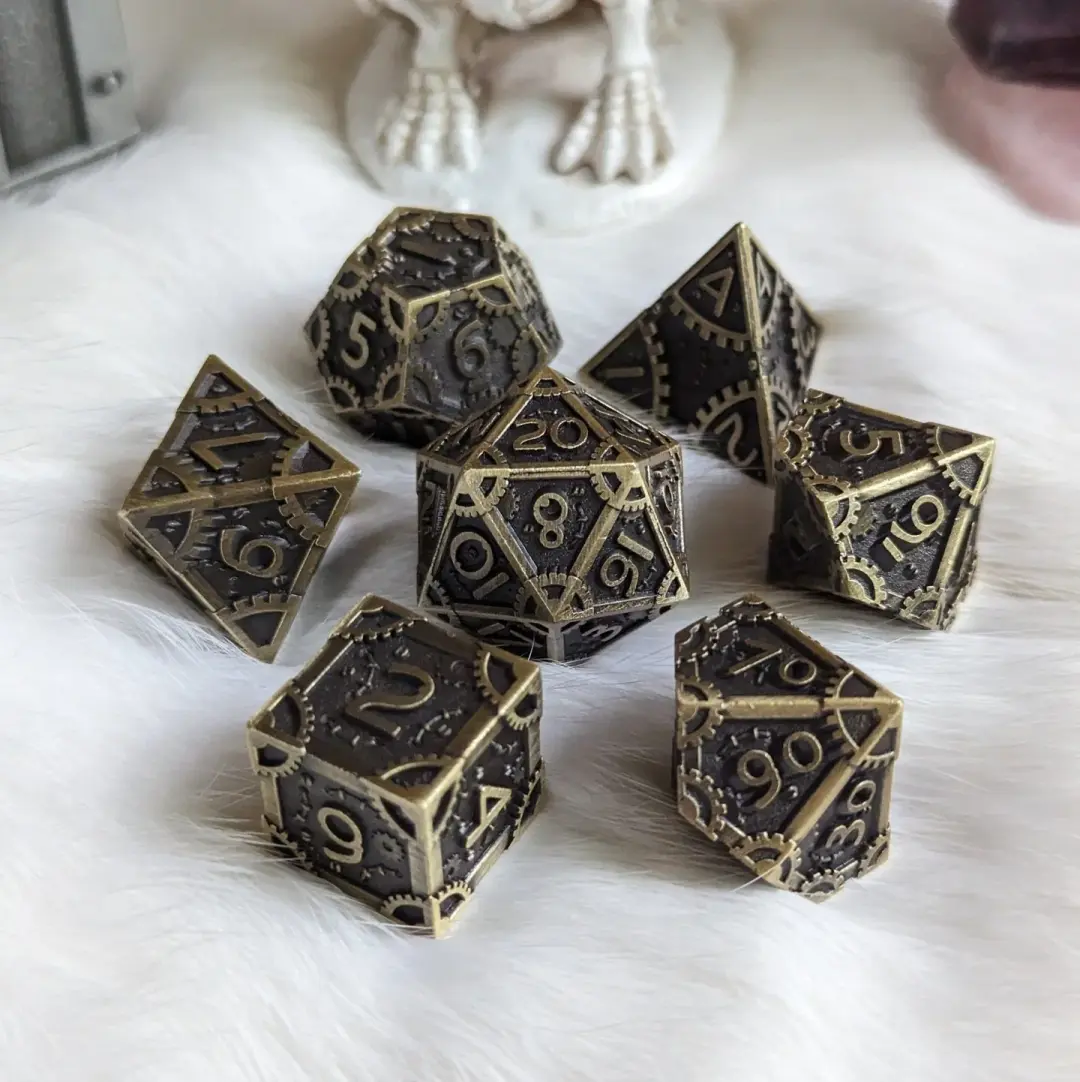 Metal Gears Dice Set Brass – 7-Piece Clockwork Zinc Alloy DnD Dice