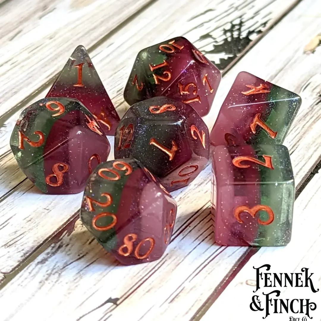 Shimmering Fluorite Dice Set – 7-Piece Green Purple Layered | Fennek & Finch