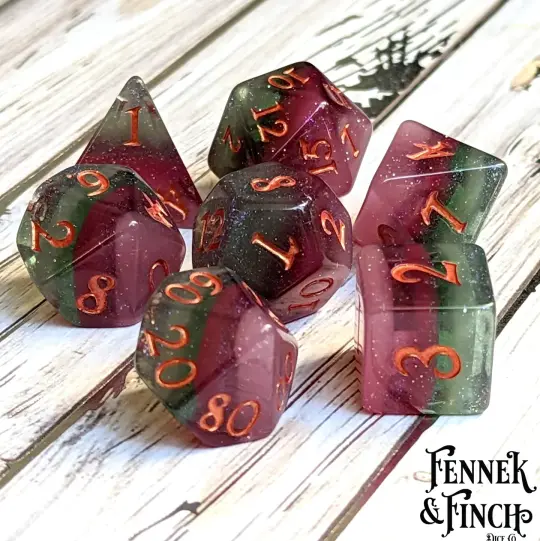 Shimmering Fluorite Dice Set – 7-Piece Green Purple Layered | Fennek & Finch