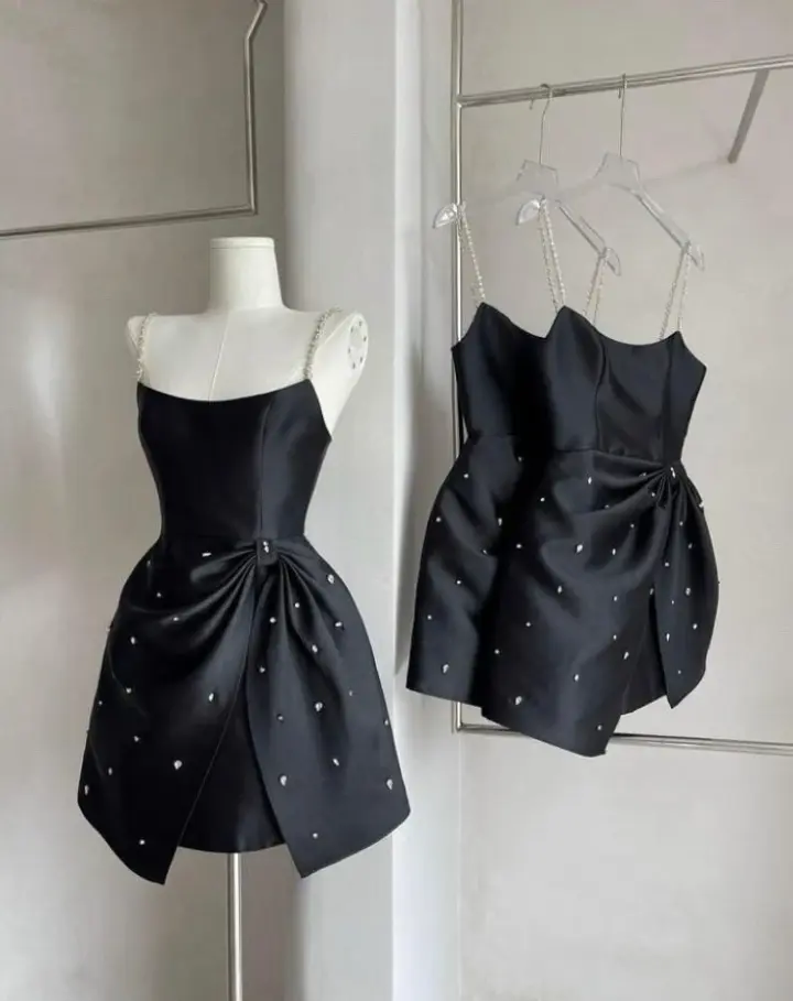 Black pearl suspenders sexy waist slim irregular skirt short skirt homecoming dress R4237