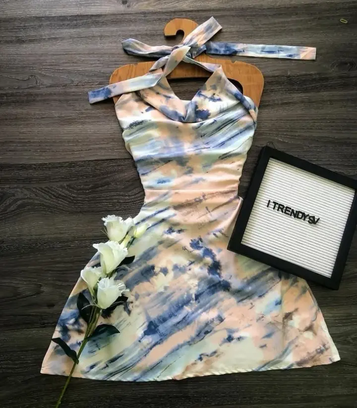 Pink and blue tie-dyed halter neck waist A-line short skirt homecoming dress R3256