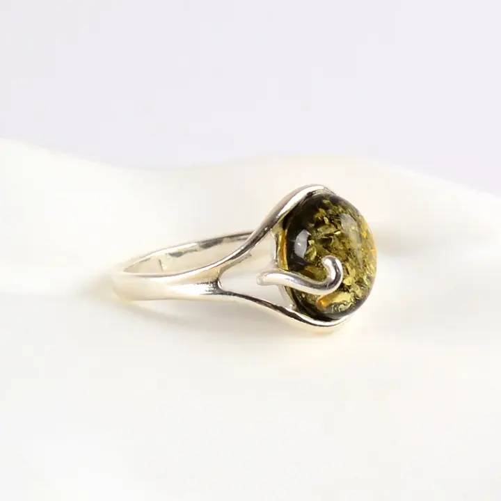 Green Amber in Silver Ring