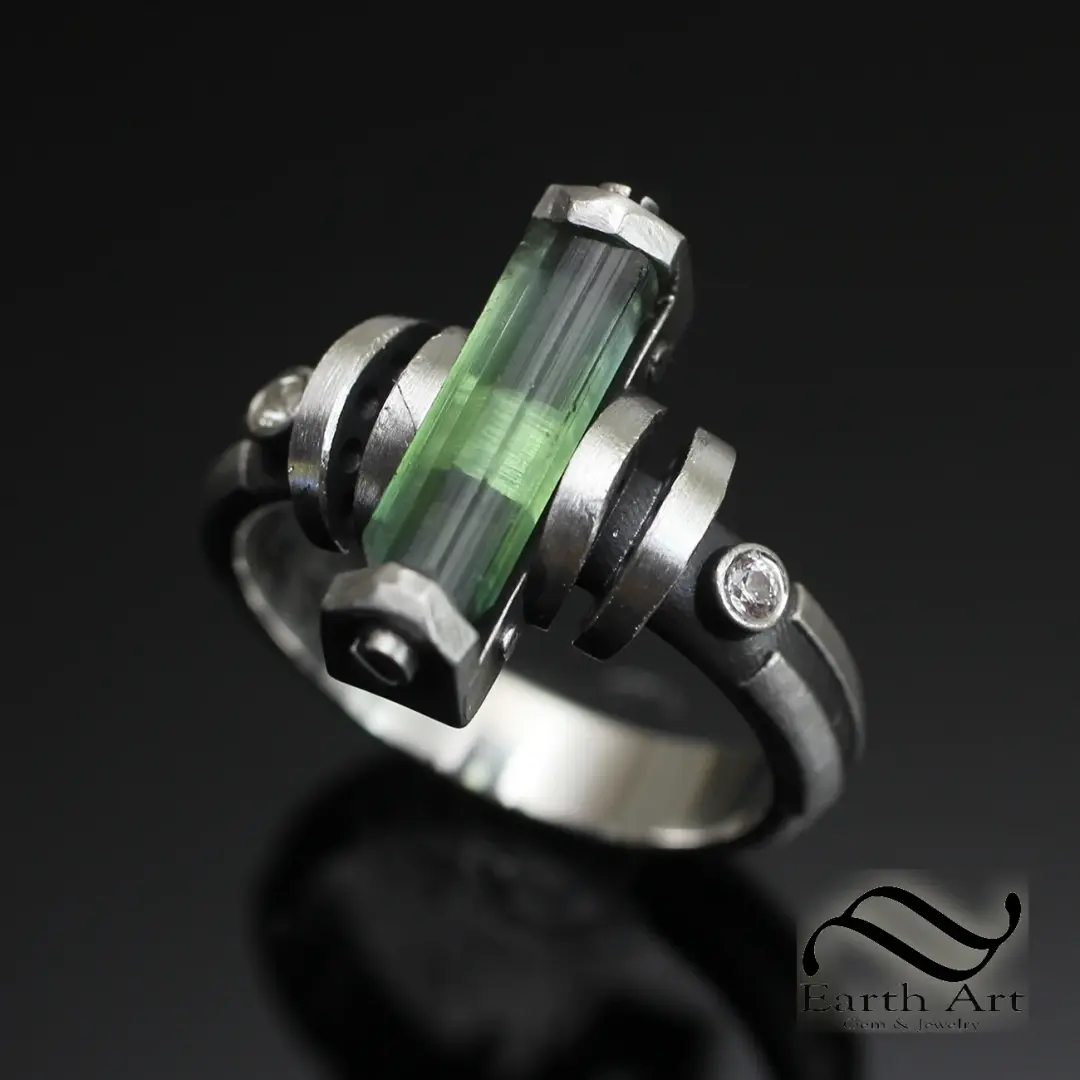 Rough Tourmaline Sci-Fi Ring - Sterling Silver