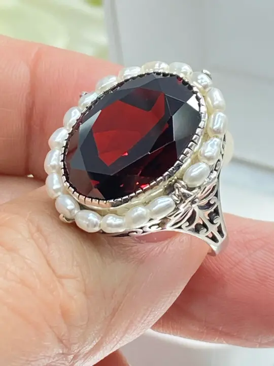 Garnet CZ Ring, Size 6, Pearl Accent Silver Filigree, Victorian Jewelry #D3 - Ready to Ship