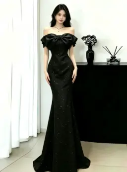Elegant Black Sequin Mermaid Bow-Strapless Bodycon Maxi Evening Dress Prom Dress RS342