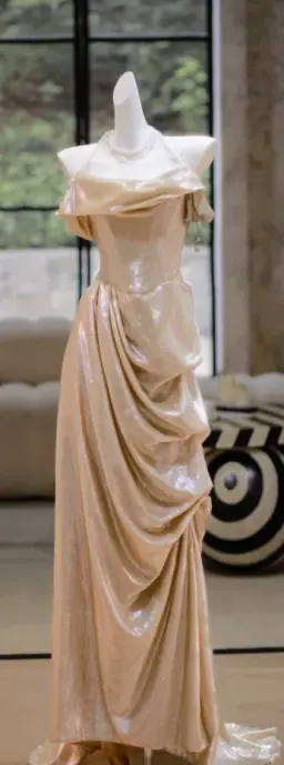 Champagne color halterneck sequined waist slim pleated sexy long dress bridal gown R5800