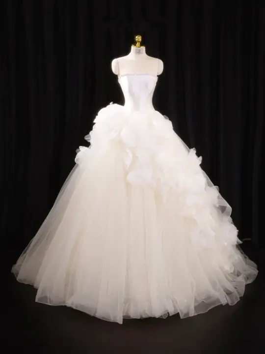 White strapless, fitted waist, full skirt, long ball gown, bridal dress R8916
