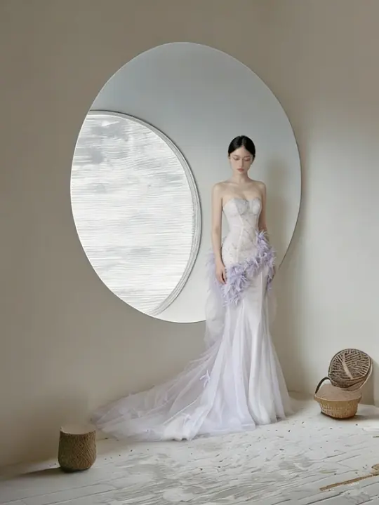 Light purple strapless, fitted waist, bodycon, sexy long ball gown R8023