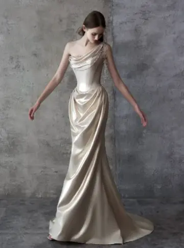 Elegant Light Ivory Mermaid One-shoulder Long Women Dress Prom Dress Evening Dress RS053