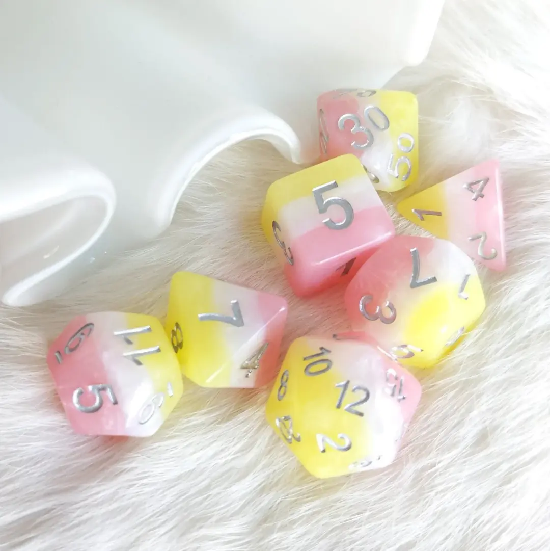Posey Dice Set – 7-Piece Pearly Pink White Yellow Silver Font DnD Dice
