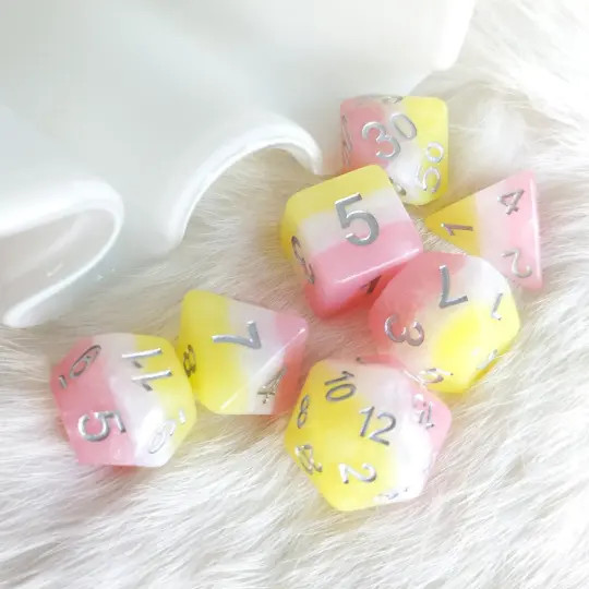 Posey Dice Set – 7-Piece Pearly Pink White Yellow Silver Font DnD Dice