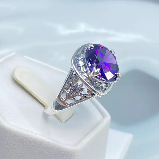 Purple Amethyst CZ Ring, Size 9, Round Cut, Lotus Art Deco Filigree, D130 - Ready to Ship