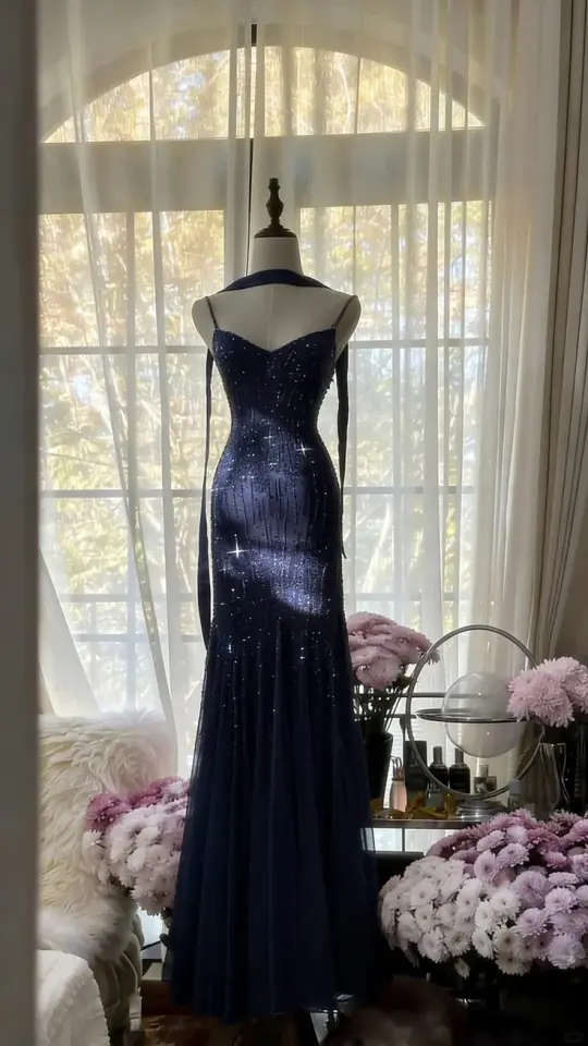French Chic Mermaid Spaghetti Straps Long Women Dress with Paillette Evening Dress Prom Dress RS108