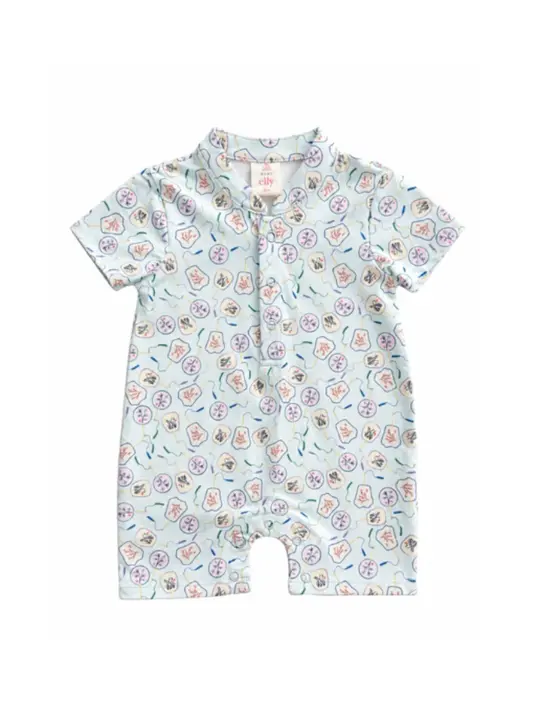 Mandarin-collared Polo Romper - Blue Fans