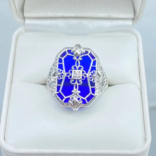 Blue Stained-Glass Ring, Size 6, Sapphire blue glass & CZ Inset Gem, Art Deco Jewelry #D203 - Ready to Ship