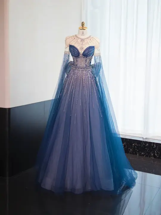Dark blue round neck fitted waist long ball gown R8990