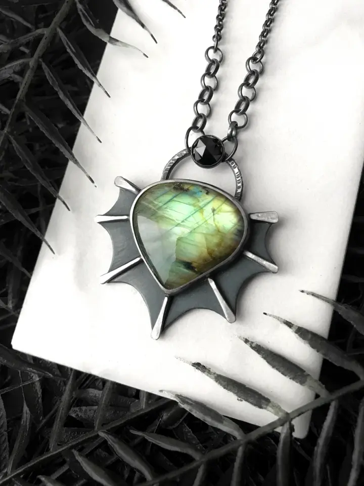 Labradorite Creature-Style Amulet with Rose Cut Black Spinel