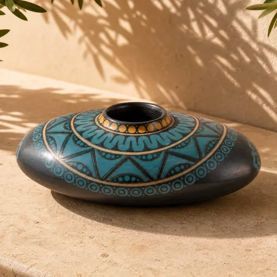 Zinapécuaro Teal Hand-Carved Ceramic Vessel