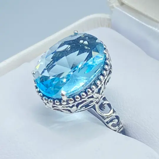 Aquamarine Ring, Size 7, Oval Cut Gem, Nouveau Style Jewelry, D125 - Ready to Ship