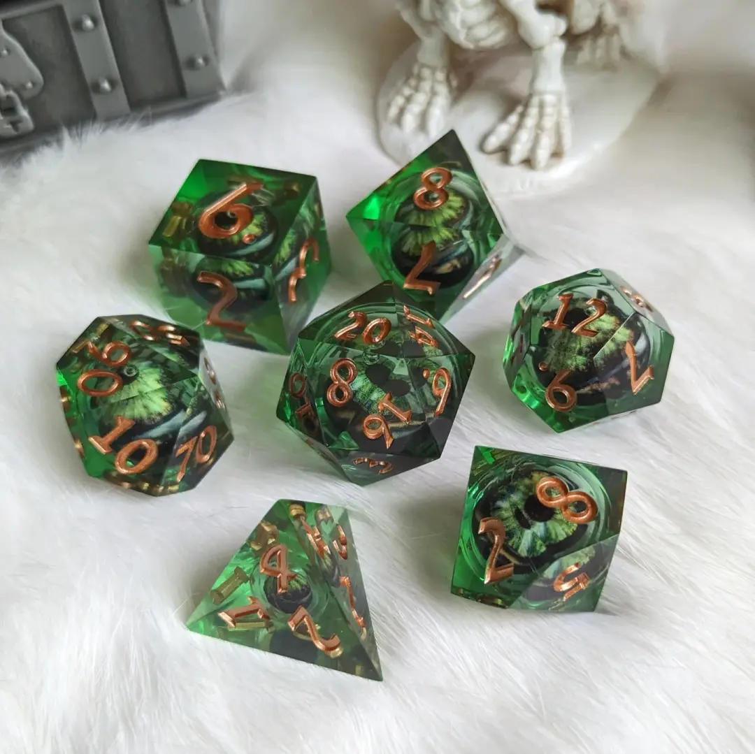 Dark Green Moving Eye Liquid Core Sharp Edge Dice Set – 7-Piece Watching DnD