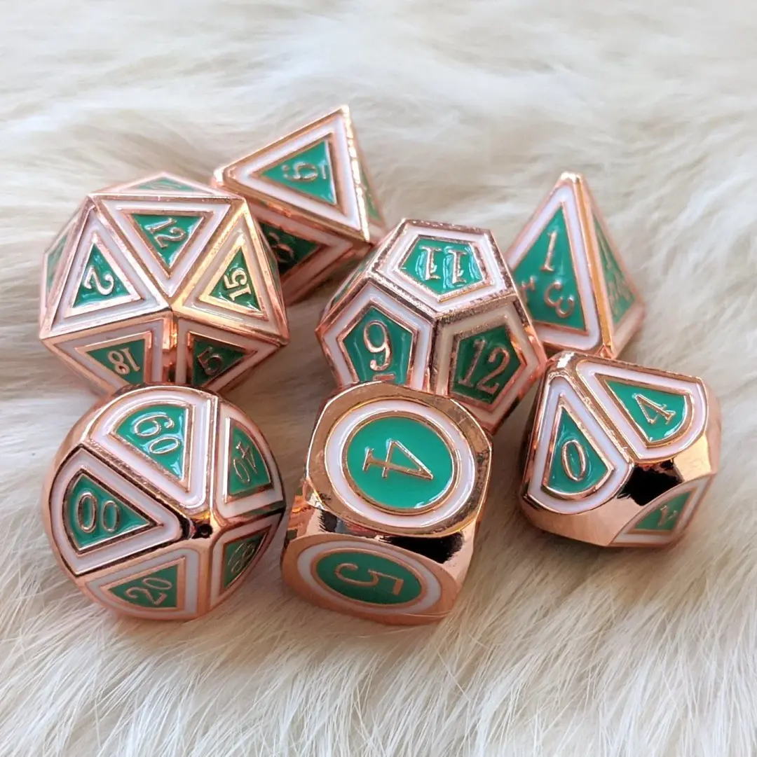 Eternal Metal Dice Set – 7-Piece Copper Plated Turquoise Green White Enamel