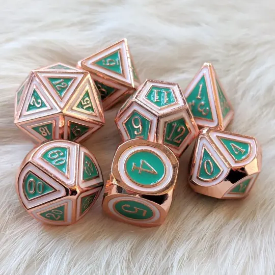Eternal Metal Dice Set – 7-Piece Copper Plated Turquoise Green White Enamel