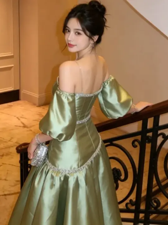 Silky Satin Elegant Prom Gown Green Women's Corset Maxi Evening Dress Birthday Dress RS2898