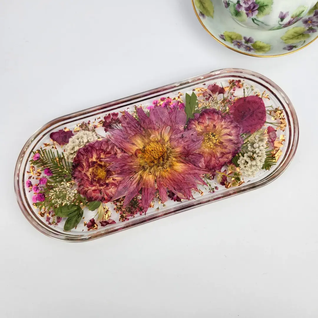 Real Pink Flower Resin Trinket Tray | Handmade Jewelry Dish | floral rose ring holder