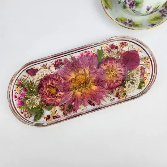 Real Pink Flower Resin Trinket Tray | Handmade Jewelry Dish | floral rose ring holder