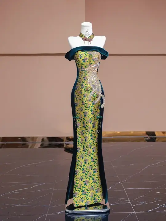 Yellow-based, green floral print, off-the-shoulder, fitted, long ball gown R8336
