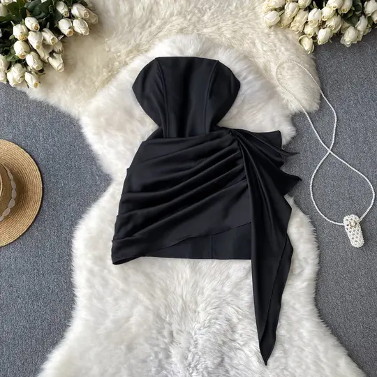 Sexy pure desire style irregular ruffled tube top dress temperament Hepburn style evening dress R2298