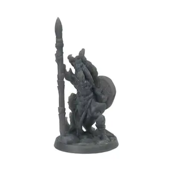 Unpainted 32mm 3D-printed horned tiefling spearman braced behind a round shield — tabletop RPG miniature for D&D, Pathfinder & wargaming