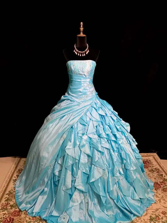 Light blue strapless, fitted waist, full skirt, long princess ball gown R8670