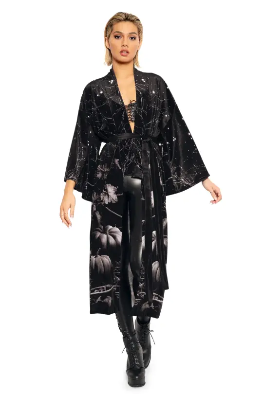 Magic Death Cat Velvet Swan Kimono
