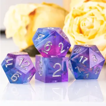 Gentle Dreams Sharp Edge Dice Set – 7-Piece Marbled Purple Blue DnD Dice